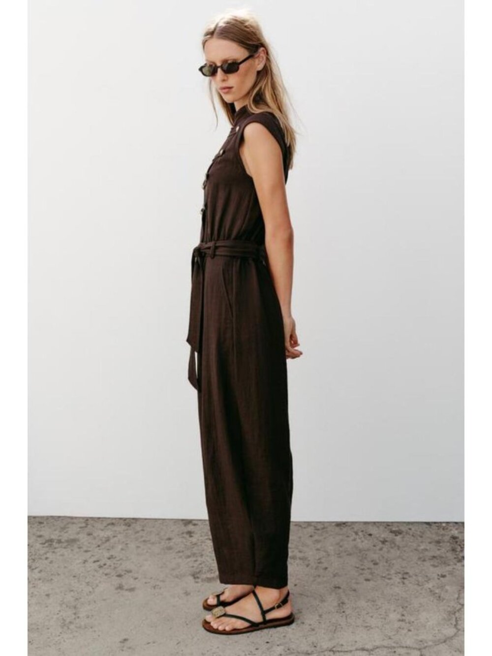 ZARA BELTED JUMPSUIT WITH BUTTON DETAILS